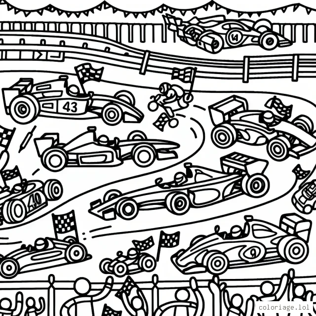 Dessine une scène animée avec différentes voitures de course colorées sur un circuit animé avec des personnages qui les encouragent.