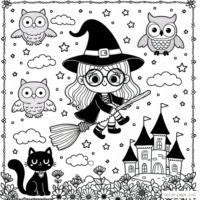 Dans ce coloriage, tu découvriras une petite sorcière à lunettes qui vole sur son balai magique au dessus d'un château enchanté. Elle est accompagnée de son chat noir et de sa chouette blanche. N'oublie pas de colorier les fleurs et les étoiles qui décorent le ciel !