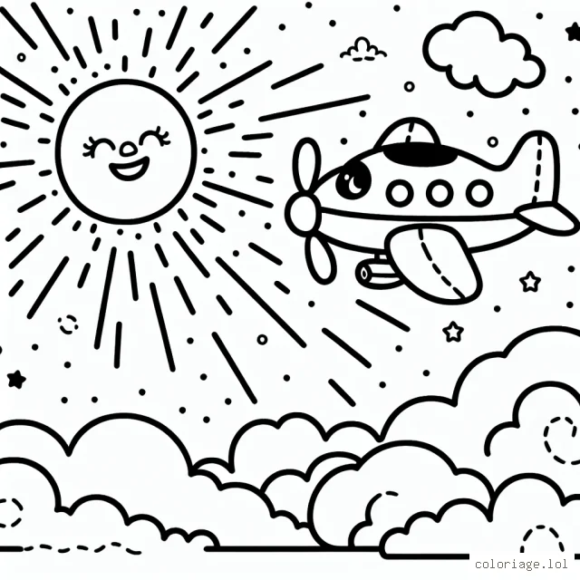 Un avion souriant volant au-dessus de nuages doux avec un soleil radieux