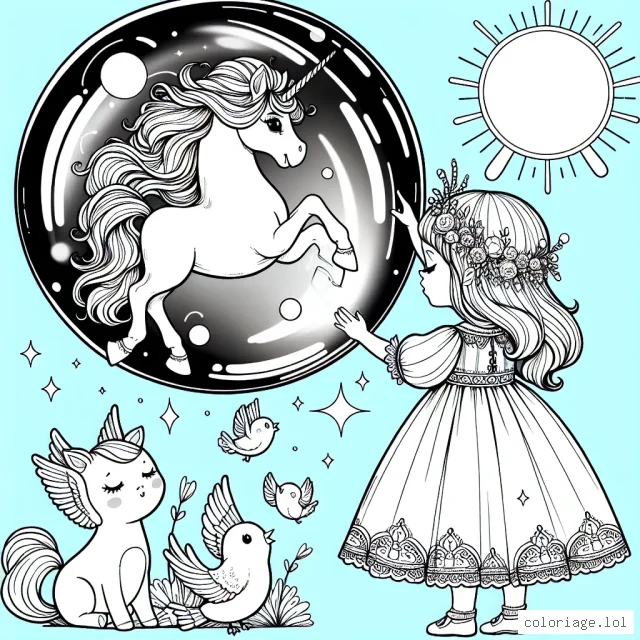 Par une belle journée ensoleillée, une petite princesse vêtue d'une belle robe avec des oiseaux chantants à ses côtés, tient une grande bulle irisée dans laquelle danse une licorne légère et gracieuse.
