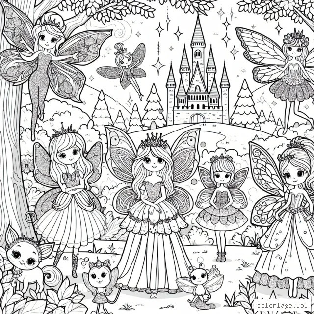 Un royaume de fées enchantées dans une forêt de rêves, toutes les fées ont des robes spéciales et des ailes brillantes avec des formes uniques. Il y a aussi un château en arrière-plan et divers animaux de la forêt qui sont les amis des fées.