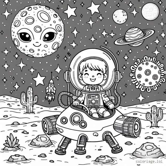 Un petit garçon joue à l'astronaute sur la lune avec sa fusée spatiale très détaillée. Il y a des étoiles étincelantes, des planètes lointaines, des étranges roches lunaires et un sympathique alien pour l'accompagner. Le planète Terre est visible à l'arrière.