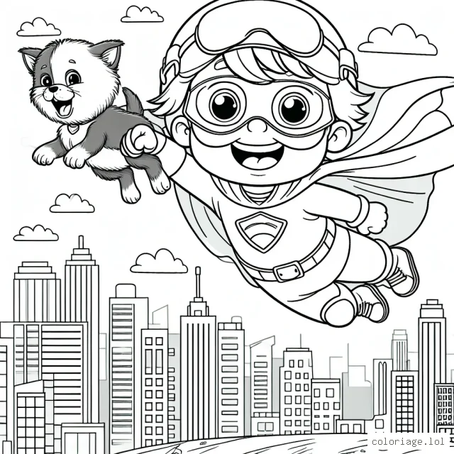 Un petit garçon héroïque en costume de super-héros vole au-dessus des gratte-ciel de la ville, son chien fidèle - également en costume - vole à ses côtés. Ils sont en mission pour sauver un chaton coincé en haut d'un arbre.