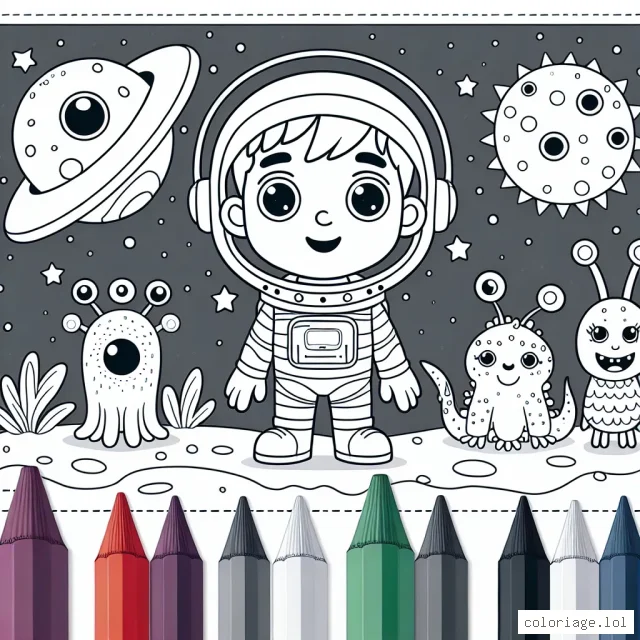 Un petit garçon astronaute explorant une nouvelle planète peuplée de créatures amicales et multicolores