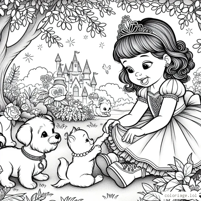 Une petite fille jouant à la princesse dans son jardin féerique entourée de ses animaux de compagnie