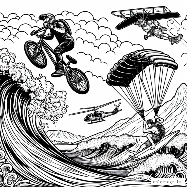 Un athlète de BMX réalise une figure stupefiante pendant une compétition intense, tandis qu'un surfeur audacieux brave des vagues hautes comme des montagnes. Dans le ciel, un parachutiste délivré d'un avion exhibe sa bravoure. Colouriez ces scènes palpitantes et ressentez l'adrénaline !