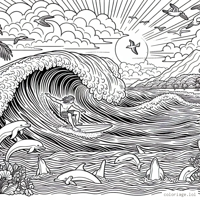 Imagine un dessin détaillé d'une scène dans laquelle un surfeur audacieux chevauche une vague géante, alors que ses amis l'encouragent depuis la plage. Il y a également quelques oiseaux et dauphins dans le paysage. Les vagues de l'océan semblent gigantesques et on peut voir le ciel magnifiquement orné de nuages ​​et de soleil. Le dessin contient beaucoup de petits détails qui nécessitent de la concentration et de la patience pour être colorés.