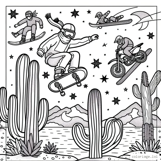 Un planchiste sautant audacieusement par-dessus une rangée de cactus dans le désert, pendant que d'autres sportifs extrêmes bondissent avec des motocross et skis nautiques dans le ciel étoilé.