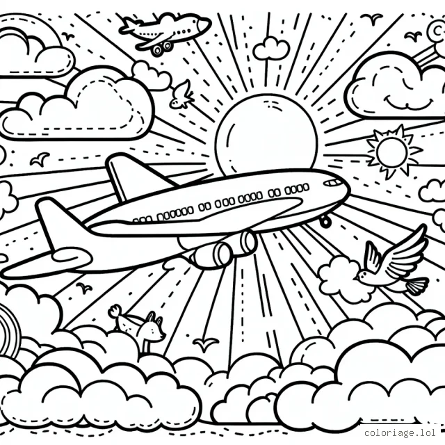Dessine un avion de ligne majestueux volant à travers les nuages en forme d'animaux, alors que le soleil se couche à l'horizon.