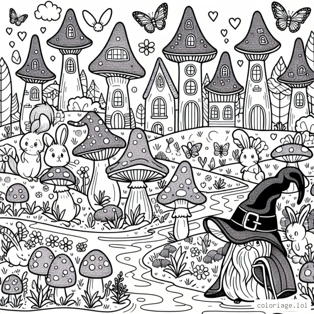 Une scène d'un village de sorciers avec des maisons de champignons, une rivière magique et des animaux de la forêt enchantée.