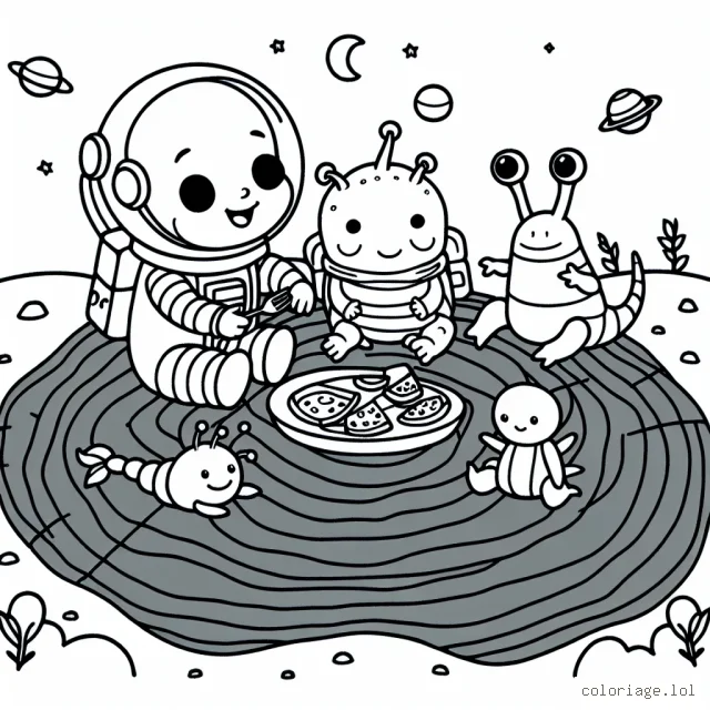 Un astronaute faisant un pique-nique avec des créatures extraterrestres sur la Lune