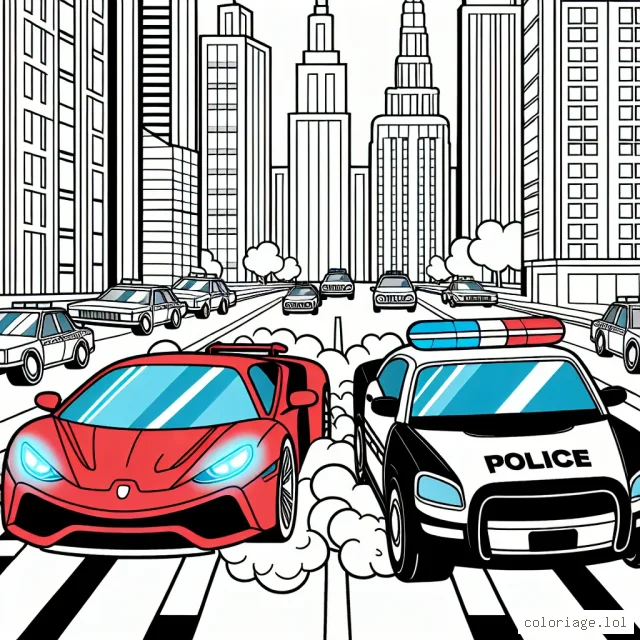 Dessine une course époustouflante entre une voiture de sport rouge rapide et une voiture de police bleue dans une ville animée.