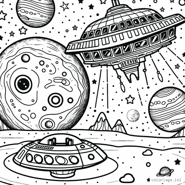 Un vaisseau spatial observant une étrange planète avec ses multiples satellites naturels dans la galaxie