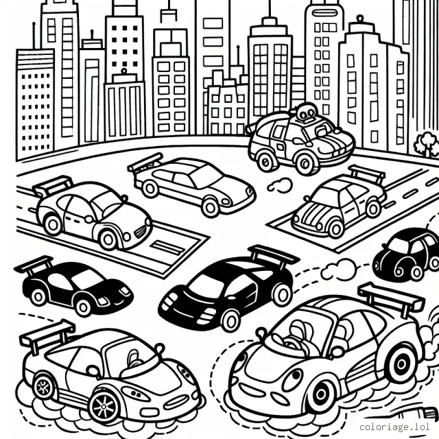 Dessin lisible et amusant d'une course de voitures en ville, avec différents modèles de voitures et de nombreux détails à colorier !