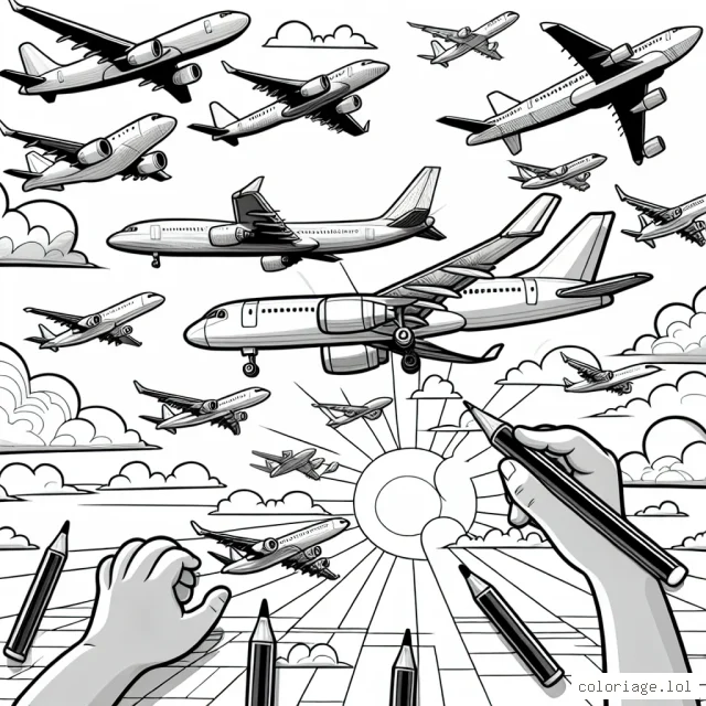 Une flotte d'avions remplissant le ciel, avec différents types d'avions à réaction et à hélice, avec en arrière-plan un soleil se couchant. Les avions sont dessinés en détail, avec un accent particulier sur les ailes et les moteurs pour rendre le coloriage amusant et éducatif.