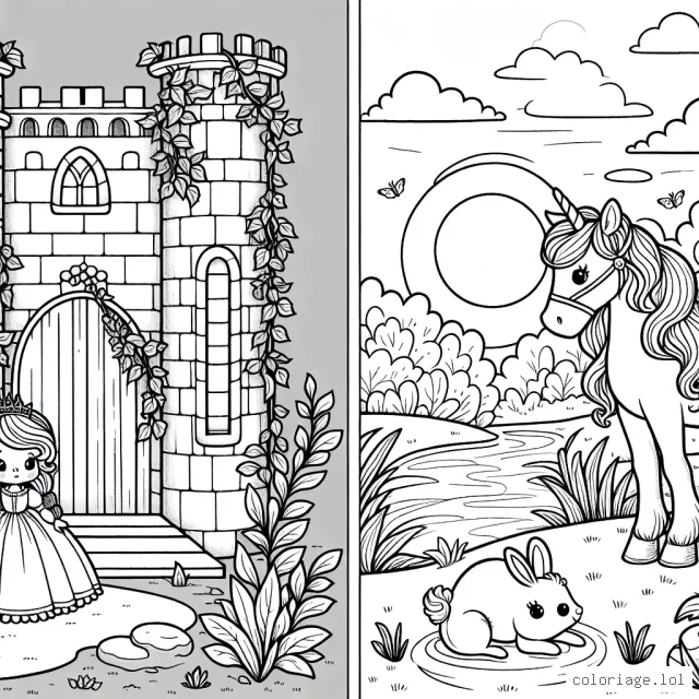 Une petite princesse est assise dans une grande tour de château enjolivée de lierre, et observe le coucher du soleil, tandis qu'un cheval à la crinière magnifiquement bouclée et un petit lapin jouent près d'un ruisseau.