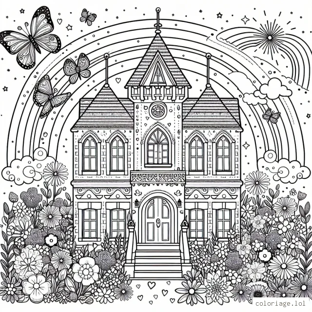 Imagine une majestueuse maison de poupées en forme de château, entourée de magnifiques jardins remplis de fleurs, de papillons et d'arc-en-ciel.