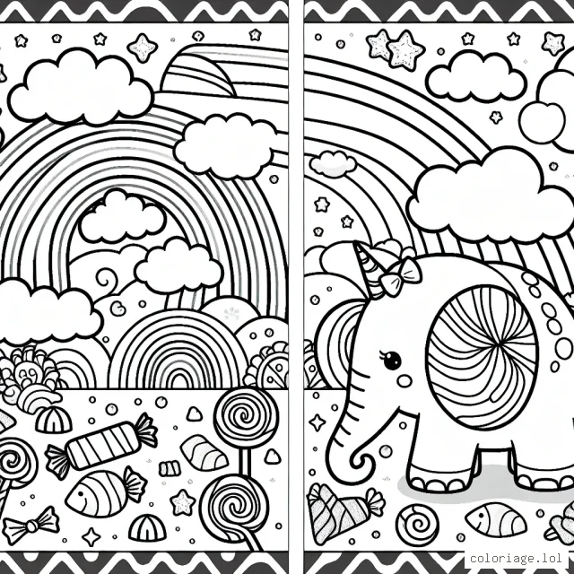 Un éléphant arc-en-ciel dans un univers fantastique rempli de bonbons et de nuages moelleux