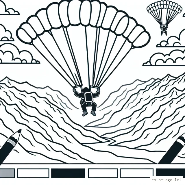 Imaginez et dessinez une scène d'un saut en parachute tandem au-dessus des montagnes enneigées