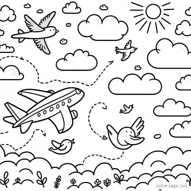 Des avions planent dans le ciel aux côtés de nuages locaux. Les oiseaux chantent et volent avec eux dans le grand ciel bleu. Que vas-tu faire pour rendre cette scène vivante et colorée ?