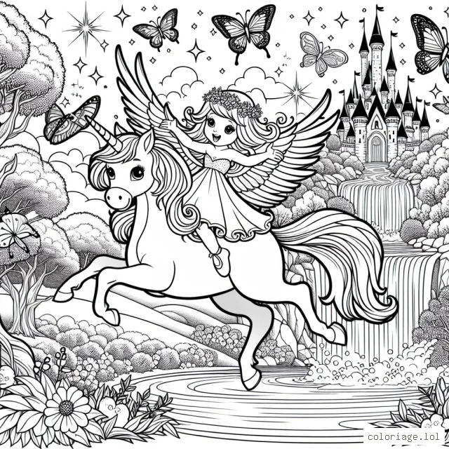 Une princesse féerique volant au-dessus d'une cascade enchantée sur un cheval ailé, avec un château brillant dans le lointain et des papillons scintillants plein le ciel.