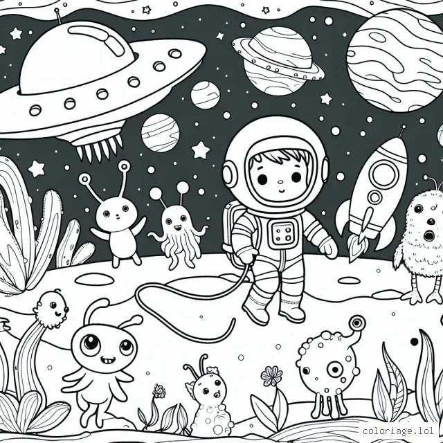 Un astronaute courageux qui explore une planète extraterrestre mystérieuse, entouré de créatures amicales et de vaisseaux spatiaux étranges