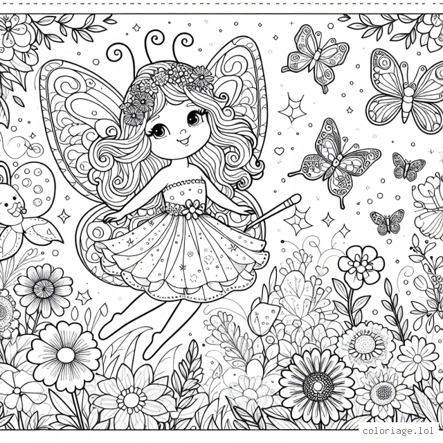 Dessine une magnifique fée papillon dans un jardin enchanté plein de fleurs aux couleurs éclatantes et d'animaux joyeux