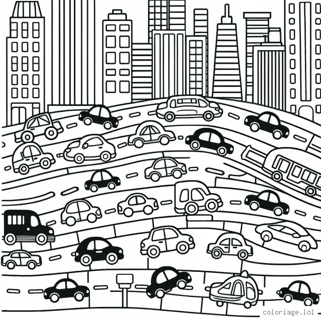 Dessine des voitures diverses et variées parcourant les rues de la ville animée