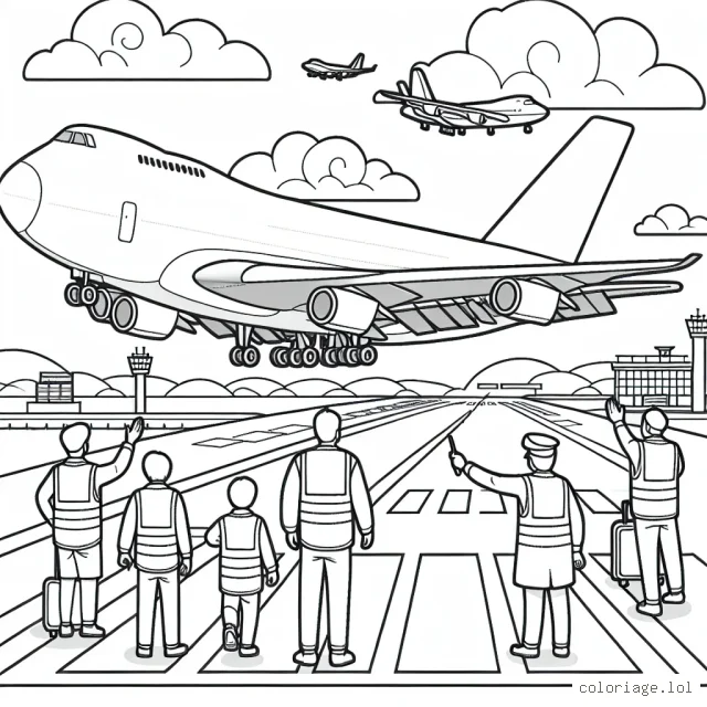 Dessine une scène d'atterrissage d'un gros avion cargo sur une piste d'aéroport, avec des employés au sol en train de diriger l'avion.