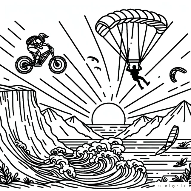 Un vététiste faisant un saut extrême au-dessus d'une montagne rocheuse, un surfeur sur une vague géante et un parachutiste sautant de haut dans le ciel avec le soleil couchant en arrière-plan