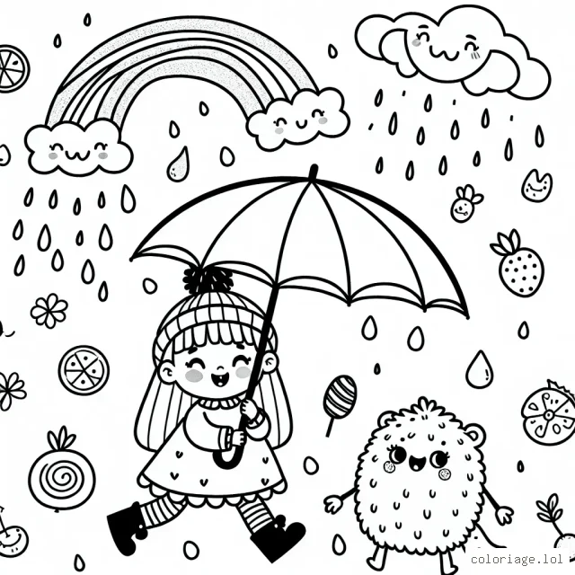 Une petite fille, du nom de Luna, marche avec son parapluie sous une pluie de bonbons et de fruits. Au-dessus d'elle, un arc-en-ciel et des nuages souriants. Aux côtés de Luna se trouve un gentil monstre tout poilu.