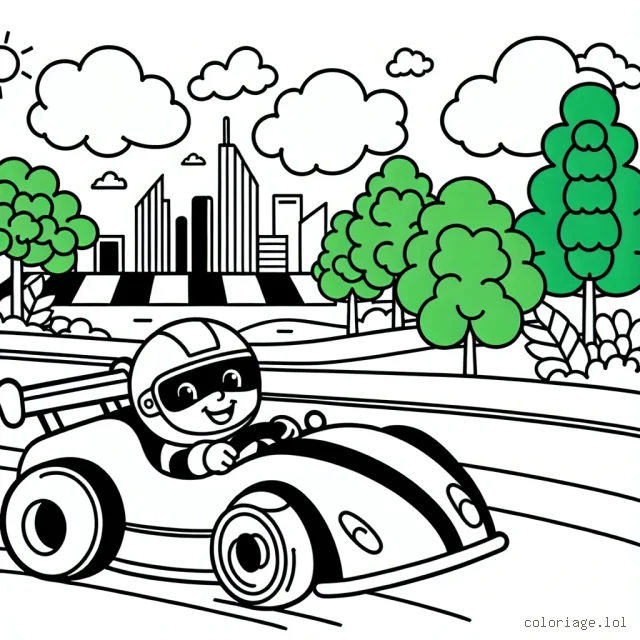 Dessine une voiture de course rouge flamboyante fonçant à toute allure, avec un pilote souriant derrière le volant. Derrière, il y a des arbres vert vif, le ciel est bleu dégagé avec quelques nuages blancs légèrement duveteux. À l'horizon, on peut distinguer une silhouette de la ville, avec des bâtiments de différentes nuances de gris et de marron.