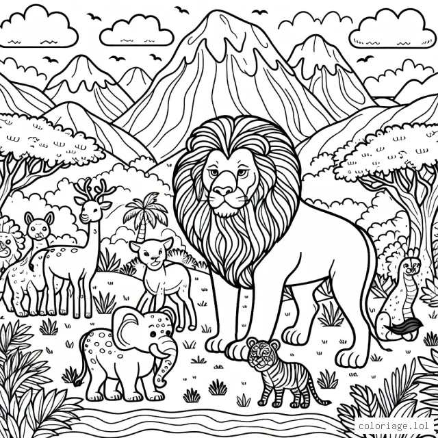 Au beau milieu de la jungle, un lion majestueux domine le panorama, entouré de ses amis les animaux. Tu dois leur donner des couleurs !
