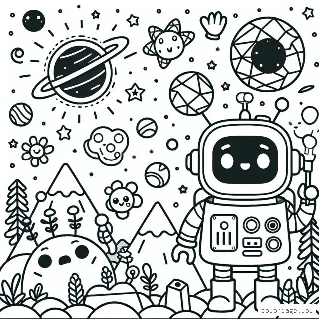Un petit robot explorateur découvrant une nouvelle planète remplie de formes géométriques et de créatures spatiales amusantes