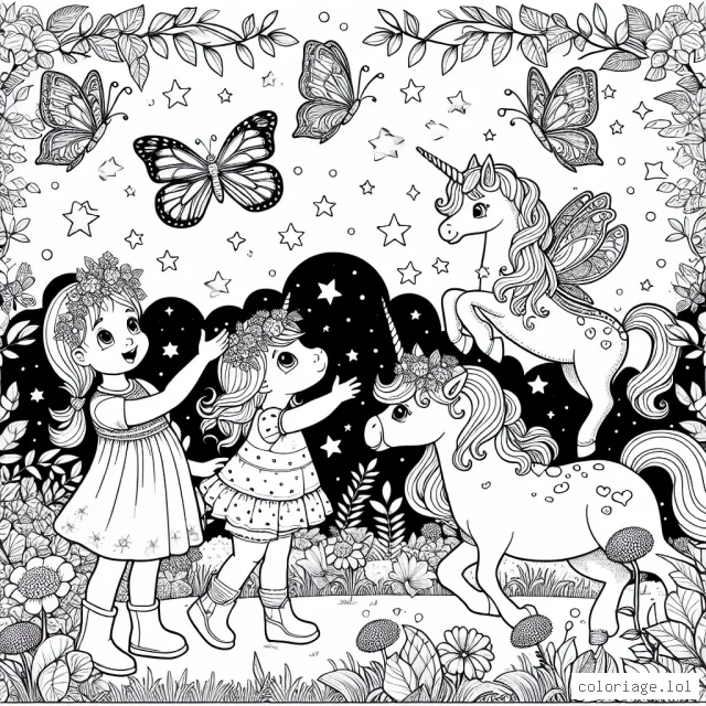 Sur le dessin, vous pouvez voir une petite fille qui joue avec des créatures imaginaires dans son jardin magique. Elle parle avec des licornes, des fées et des papillons multicolores. Des étoiles scintillent autour d'elles. Il y a beaucoup de détails sur ce dessin qui attendent d'être colorés par vous.