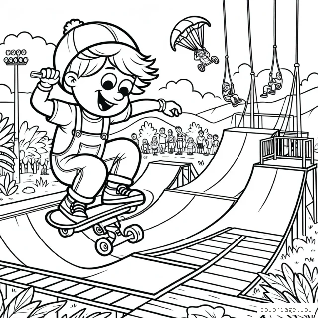 Dans ce dessin, un jeune aventurier fait du skateboard dans un parc rempli de rampes et de demi-tubes. De plus, certaines zones du parc sont réservées pour du saut à l'élastique et de l'escalade. L’aventurier vole au-dessus des rampes avec audace et assurance. Il y a également un public au loin, impressionné par son talent. Les enfants peuvent remplir ce tableau d'action avec leurs couleurs préférées.