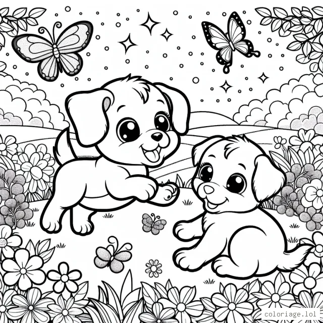 Un petit chiot mignon jouant dans un jardin féerique avec des papillons et des fleurs colorées.