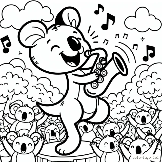 Un kangourou qui joue du saxophone devant une foule de koalas