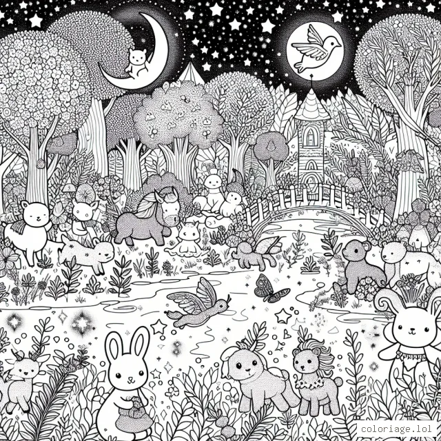 Imagine un pays enchanté peuplé de petits animaux mignons qui jouent et s'amusent dans une forêt magique.