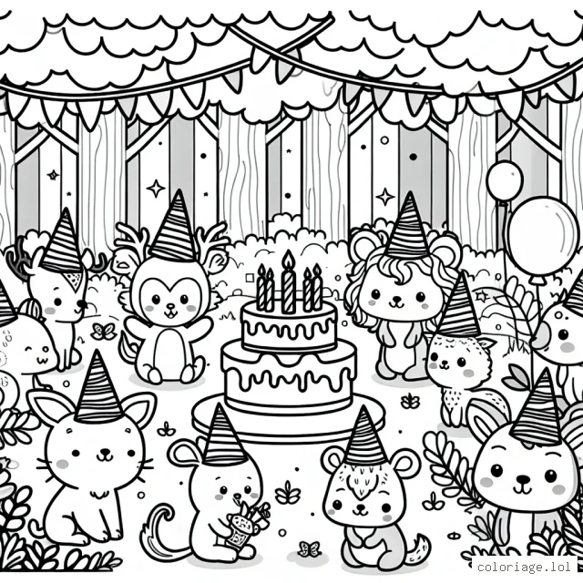 Une fête d'anniversaire en forêt enchantée avec des animaux portant des chapeaux de fête