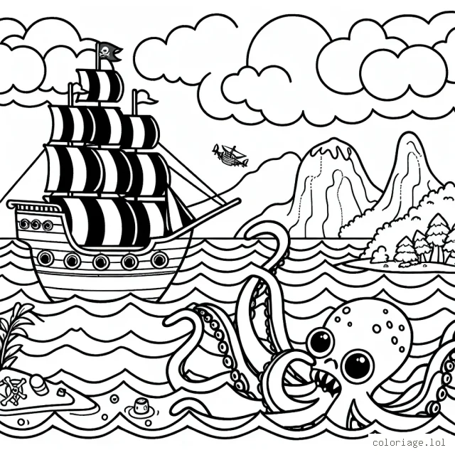 Imagine une scène effervescente de pirates dans la mer avec un grand navire pirate, une île au trésor et un Kraken émergeant de l'eau.