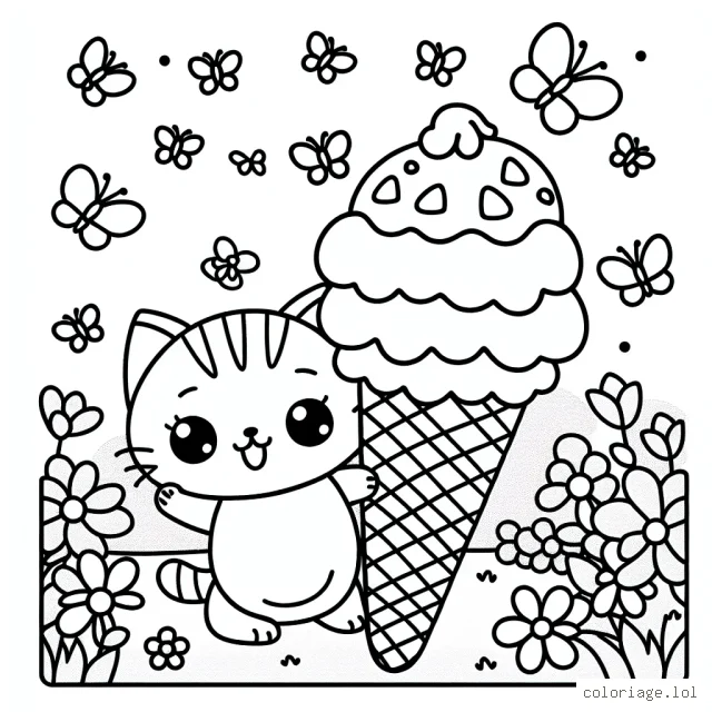 Un adorable petit chaton tenant une énorme glace multicolore dans un parc fleuri aux papillons