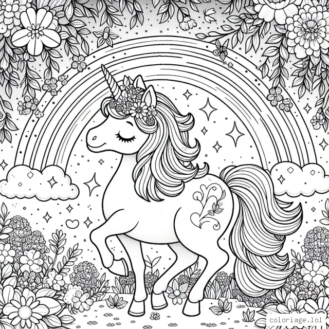 Une magnifique licorne enchantée dans un jardin magique rempli de fleurs en fleurs et d'arc-en-ciel lumineux
