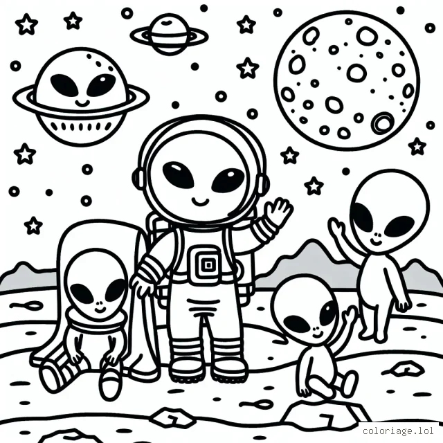 Un astronaute sur la lune avec des extraterrestres amicaux