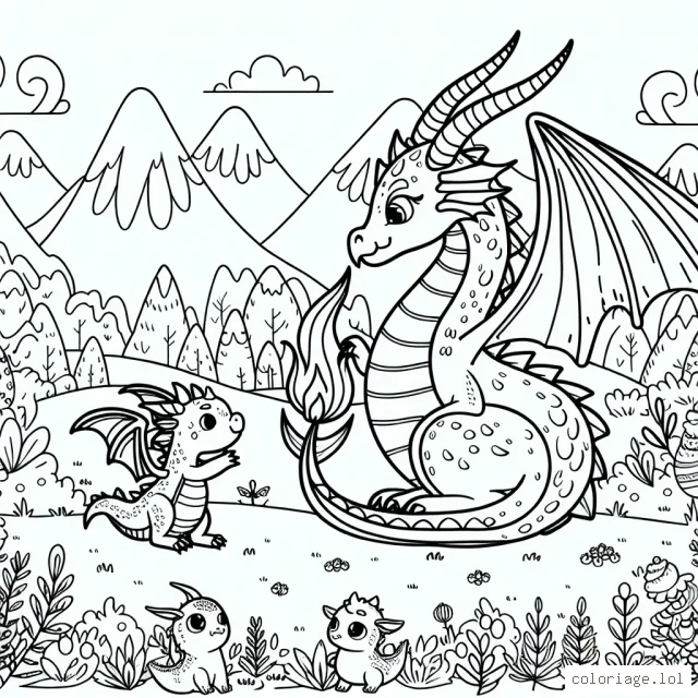 Un jeune dragon apprend à cracher du feu sous l'oeil attentif de sa mère dans une vallée de montagnes et de verdure, entouré de petits animaux curieux.
