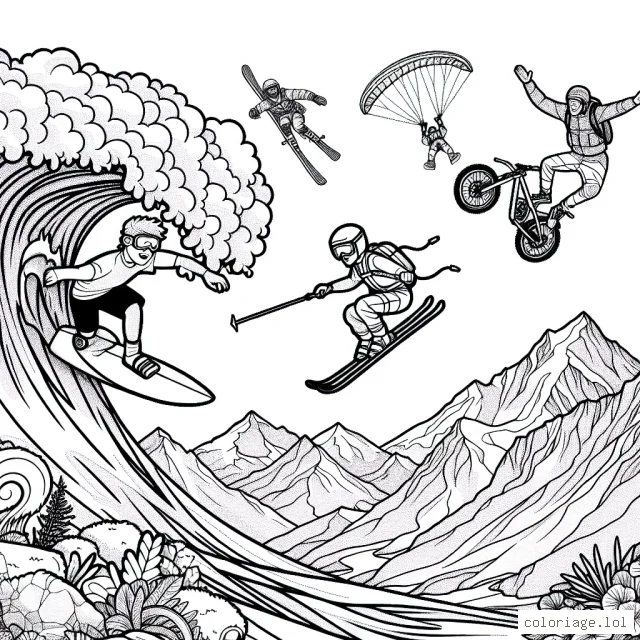 Un jeune aventurier surfeant sur une vague gigantesque, un skieur dévalant une montagne escarpée avec des montagnes enneigées en arrière-plan, un vététiste sautant par-dessus une falaise et un parachutiste volant dans le ciel bleu clair. Trace un chemin de couleurs vives pour ces sportifs extrêmes !