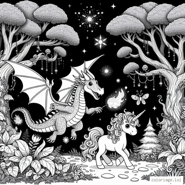 Un dragon magique et son petit ami licorne explorant une forêt enchantée