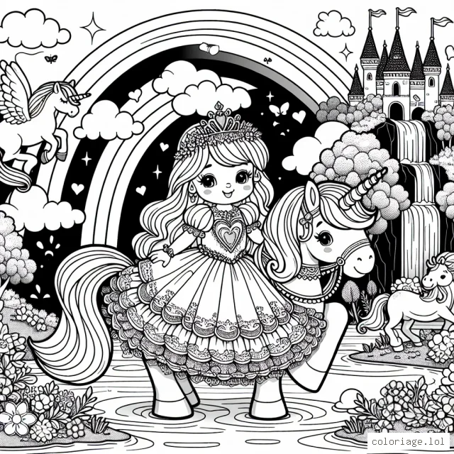 On pourrait créer un dessin de conte de fée avec une petite princesse sur son poney magique dans un paysage enchanteur. Cette scène devrait également comporter une licorne, un arc-en-ciel, une cascade et un château. La petite princesse porte des vêtements magnifiques avec beaucoup de détails à colorier, tout comme son poney.