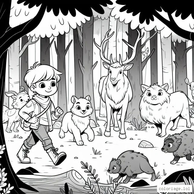 Un jeune explorateur courageux s'aventure dans une sombre forêt peuplée de gentils animaux fantastiques.