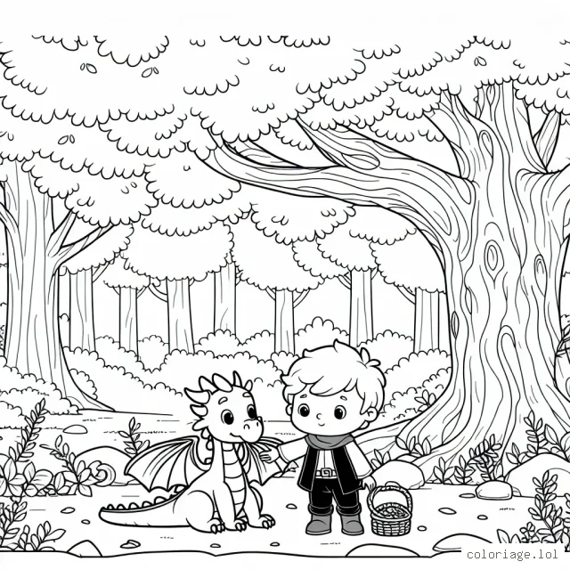 Un petit garçon avec son fidèle dragon joue sous un grand chêne dans la forêt enchantée